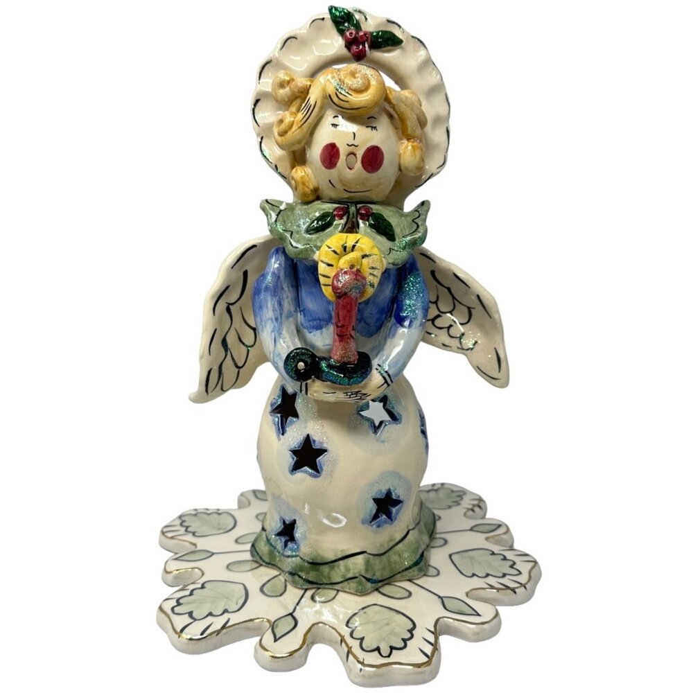 Blue Sky Heather Goldminc Caroling Angel Tea Light Candle Holder Leaf Base 2002